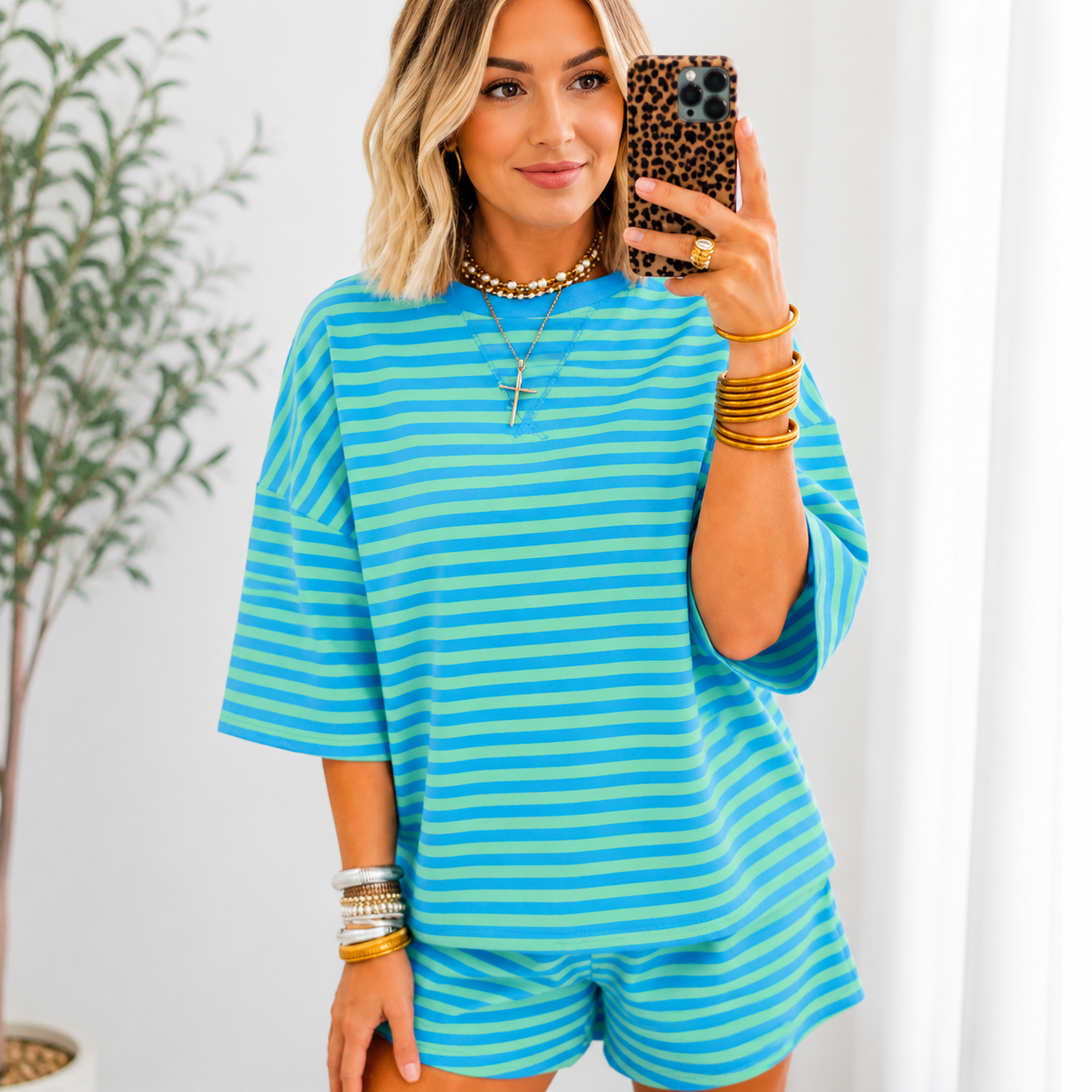 Women's Striped 2-Piece Short Set – Drop Shoulder T-Shirt + Shorts