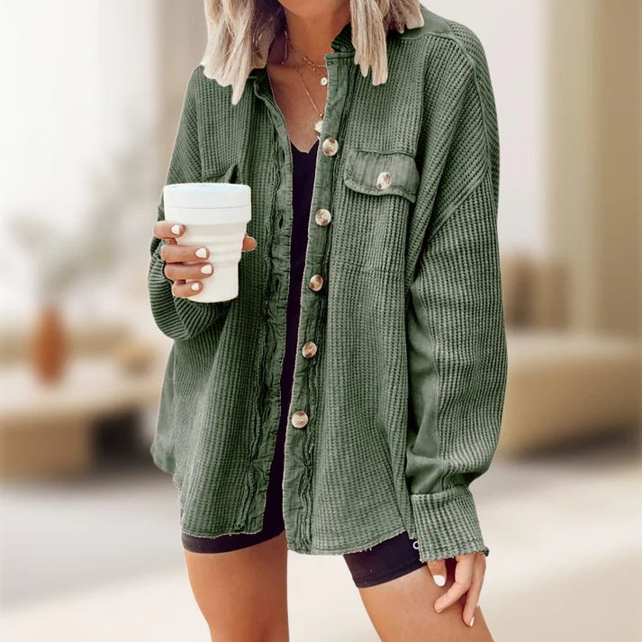 [2026 Trend] Women's Loose Batwing Waffle Knit Button-Up Shacket