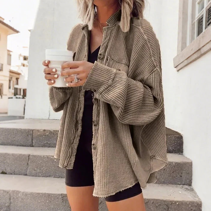 [2026 Trend] Women's Loose Batwing Waffle Knit Button-Up Shacket