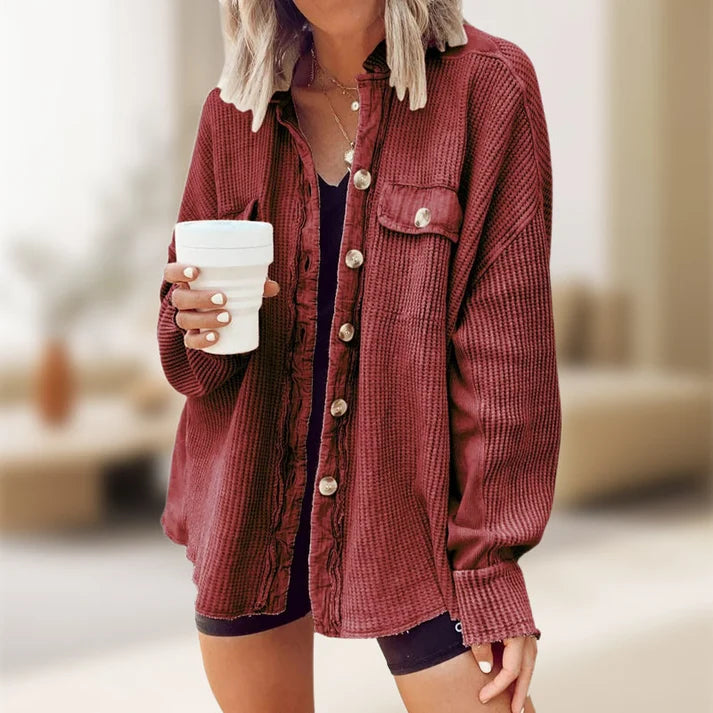 [2026 Trend] Women's Loose Batwing Waffle Knit Button-Up Shacket